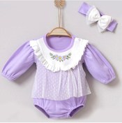 Resim 3-12 Ay Çiçek Nakışlı Tüllü Bandanalı Kız Bebek Romper Lila Lila 