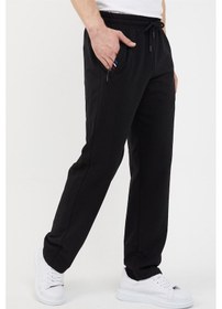 Resim Siyah Erkek Fermuar Cep Nakış Detaylı Düz Paça Rahat Kesim Eşofman Altı 