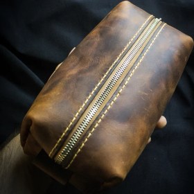Resim El Yapımı Hakiki Deri Dopp Kit Crazy Deri, Fermuarlı Seyahat Çantası 