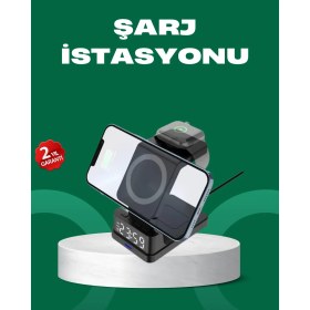 Resim Dijital Saatli Kablosuz Şarj Istasyonu - 3’ü 1 Arada Apple Uyumlu Hızlı Şarj ve LED Ekran 