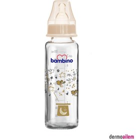 Resim Bambino Beyaz Kapaklı Kuş Desenli Damaklı Cam Biberon 225 Ml 