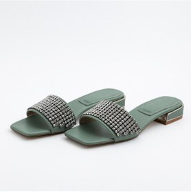 Resim Lina Açık Uçlu Kare Burun 2cm Topuklu Taş Detaylı Terlik Siyah - Beyaz - Yeşil 001 