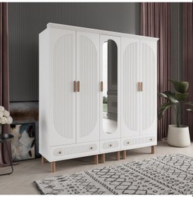 Resim Beenal Furkan 5 Kapaklı Gardırop, Çekmeceli Dolap 200cm Beyaz-Beyaz 