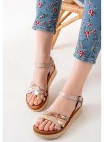 Resim 730-015 Bej Multi Ortopedik Hakiki Deri Dolgu Kadın Sandalet Bej 