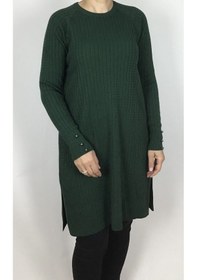Resim Saç Örgü Desenli Kolları Düğme Detaylı İnce Triko Tunik Zümrüt Yeşili 