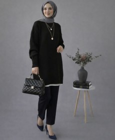 Resim ModaAzen Siyah Bisiklet Yaka Oversize Kadın Triko Tunik 