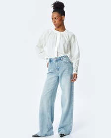 Resim Pamuklu Yuvarlak Yaka Manşetleri Taş Detaylı Uzun Balon Kol Gömlek 