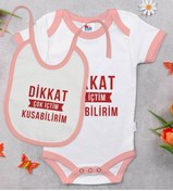 Resim Bitmeyen Kartuş Bk Kids Dikkat Çok Içtim Tasarımlı Pembe Bebek Body Zıbın Ve Mama Önlüğü Hediye Seti-1 