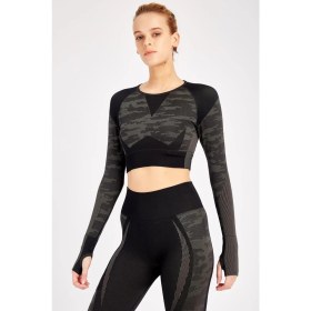 Resim Maraton SlimFit Kadın Bisiklet Yaka Uzun Kol Siyah Crop Top 816013 
