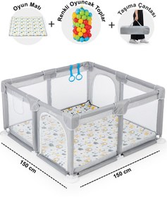 Resim Playard Maxi Güvenli Bebek Ve Çocuk Oyun Alanı Oyun Parkı 150x150cm Oyun Matı Ve Topları - Açık Gri 