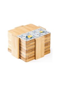 Resim Tantitoni Bambu 6 Parça Standlı Desenli Bardak Altlığı Seti 11.5x11x5 Cm Ahşap 