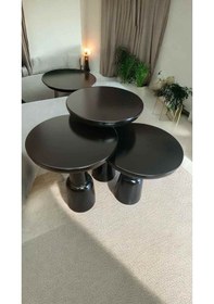 Resim Siyah Renk Masif Ahşap Mantar Sehpa 3 Lü Doğal Zigon Ve Fiskos Takımı - Wooden Coffee Table Siyah 