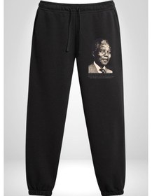 Resim Nelson Mandela 3 İplik Erkek Baskılı Siyah Eşofman Altı Siyah 