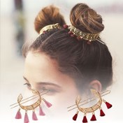 Resim 2 Adet Şık Retro Püsküllü Saç Tokası - Geometrik Oyma Tasarım, Alaşım, Altın Tonlu Kırmızı ve Siyah Vurgularla, Topuz Saç Modelleri ve Resmi Etkinlikler İçin İdeal, Karmaşık Desenli Saç Tokaları|Trend Saç Aksesuarı, Saç Aksesuarları 