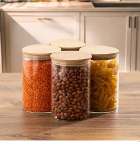 Resim Porsima 416 4lü 950 Ml Bambu Vakumlu Kapaklı Cam Kavanoz Seti Saklama Kabı 10x15cm Şeffaf 