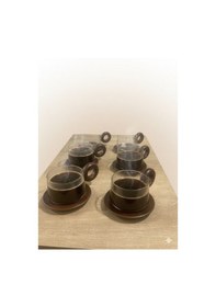 Resim Qerhome Borosilikat Cam Akasya Saplı Çizgili Tasarmlı Ve Akasya Tabaklı Çay Kahve Fincanı 6'lı 250 Ml Şeffaf 