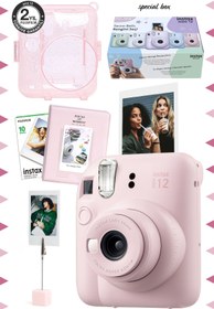 Resim Fujifilm Instax mini 12 Pembe Fotoğraf Makinesi-10'lu Film-Kıskaçlı Stand-PVC Albüm ve Simli Pleksi Kılıf Set 