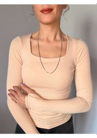 Resim Ali Butik Pudra Parmak Geçmeli Kare Yaka Bluz Pudra 