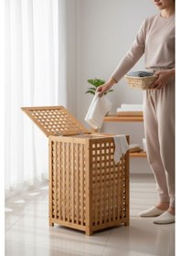 Resim Bambu Çamaşırlık - Kirli Çamaşır Sepeti 45x45x62 Cm. Açık Kahverengi 