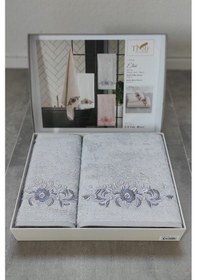 Resim 2'li Nakışlı & Bambu Banyo Havlu Seti - Çiçek Nakışlı Gri 