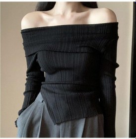 Resim Kapalı Omuz Kazak Kadın Sonbahar Uzun Kollu Örme Üstler Kadın Ince Slash Boyun Triko Bayanlar Kore Tarzı Ince Kazaklar Siyah 