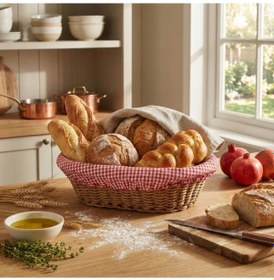 Resim Oval Renkli Bezli İp Hasır Ekmek Sepeti 