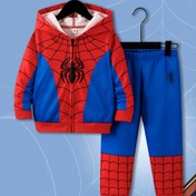 Resim 2 Adet Marvel Spider-Man Kırmızı Kostüm Baskılı Şık Fermuarlı Kapüşonlu Sweatshirt & Mavi Pantolon Takımı - Çocuklar İçin Sıcak ve Rahat Trend Kıyafet, Harika Hediye, Dış Mekan İçin İdeal 