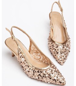 Resim Kadın Kısa Topuklu Abiye Ayakkabı Rose Pullu File Topuk Açık-3636 Rose Ayna 