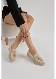 Resim Tonny Black Termo Taban Kürk Detaylı Süet Görünümlü Tokalı Kadın Bej Günlük Loafer Ayakkabı Tbmhh015 Bej 