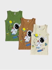Resim elmas kids Erkek Çocuk Pamuklu Yeşil Krem Kahve Astronot Desenli 3lü Atlet 
