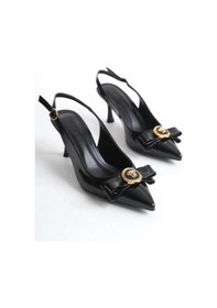 Resim Feles Fiyonk Sarı Toka Detaylı Arkası Açık Stiletto Kadın Topuklu Ayakkabı Siyah 