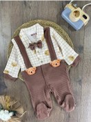 Resim Kaşkorse Esnek Papyonlu Ayıcık Figürlü Patikli Çıtçıtlı Erkek Bebek Tulum Kahverengi 