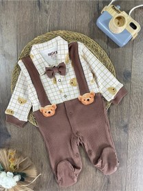Resim Kaşkorse Esnek Papyonlu Ayıcık Figürlü Patikli Çıtçıtlı Erkek Bebek Tulum Kahverengi 