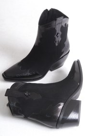 Resim Solo Bag Paslanmaz Çelik Detaylı Hakiki Süet Deri Nakış Detaylı Şık Kısa Kovboy Siyah Çizme 