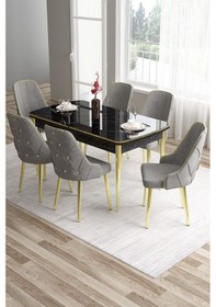 Resim Canisa Tia Serisi 80x132 Açılabilir Mdf Siyah Mermer Desen Mutfak Masası Ve 6 Gri Sandalye Masa Siyah Mermer Desen Sandalye Gri 