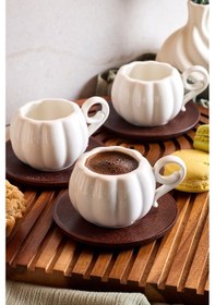 Resim Dark Lotus 6'lı Akasya Tabaklı Modern Porselen Kahve Fincanı Seti Beyaz Beyaz 