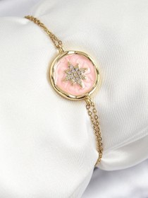 Resim Clariss 316L Çelik Zincir Pembe Mineli Sanatsal Portre Kuzey Yıldızı Model Gold Renk Kadın Bileklik 