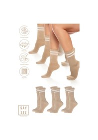 Resim Saysez Bambu Unisex Tenis Kolej Çizgili Premium Bej Vizon Dikişsiz Soket Çorap 3'lü Paket Bej 