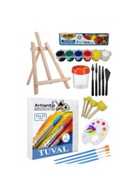 Resim 25x25 Tuval Seti 1 Paket Masa Üstü Şövale Mydido Akrilik Boya Plastik Spatula Resim Fırçası Palet Ponpon Sünger Fırça 