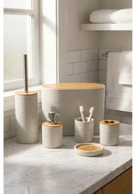 Resim Makri Home 6 Parça Krem Banyo Seti, Bambu Detaylı, 8l Çöp Kovası 24x26x16 Cm 