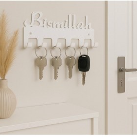 Resim Lunoart Bismillah Yazılı Metal Anahtarlık Askılığı Siyah 6 Askılı Modern Duvar Dekoru Beyaz 