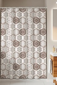 Resim Tropikhome Kahverengi Şal Desen Duş Perdesi-12 Adet C Halka Hediye Banyo Perdesi, Geometrik Desen Küvet Perdesi 