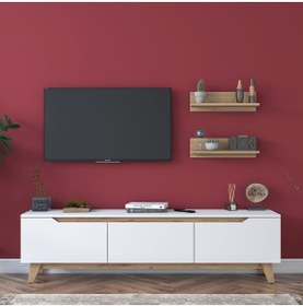 Resim Rani Mobilya Rani D1 Duvar Raflı Tv Ünitesi Kitaplıklı Tv Sehpası Modern Ayaklı 180 Cm Beyaz - Sepet Ceviz M48 