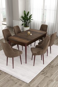 Resim Canisa Ram Serisi 80x132 Açılabilir Mutfak Masası Takımı Barok Desen Masa 6 Kahverengi Sandalye 