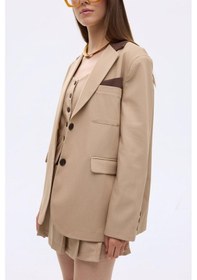 Resim Quzu 00823 Kontrast Yaka Mendil Garnili Oversize Kadın Blazer Ceket Bej 
