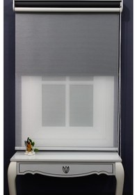 Resim Çift Mekanizmalı Çizgili Tül & Mat Gri Stor Perde % 90 Işıgı Kesm 