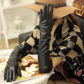 Resim Kadınların Şık Siyah Dokunmatik Kumaş Uzun Beş Parmak Sıcak Eldivenleri 