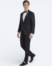 Resim Siyah Düz Slim Fit Şal Yaka Dokuma Smokin Takım Elbise Siyah 