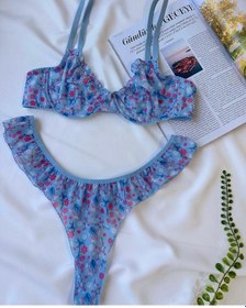 Resim Mavi Çiçek Detaylı Balenli Bralet Sütyen Set Mavi 