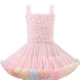 Resim Kızlar Pamuk Prenses Tutu Elbise, Pastel Tül, Kolsuz, Büzgülü Göğüs, Askılı Boyun, Çiçek Ayrıntılı Çok Katmanlı Etek 